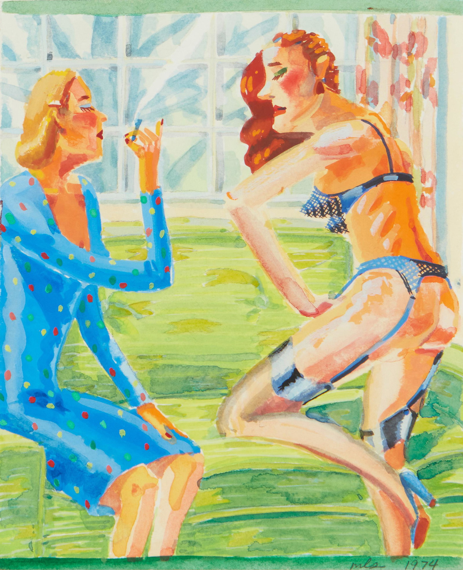 M Louise Stanley (b. 1942, Emeryville, CA): "Naughty Girls," 1974 Watercolor on paper under glass Initialed and dated lower right: MLS, titled on a gallery label affixed to the backing paper 7.5" H x 6" W Provenance: Exchange Gallery & Sculpure