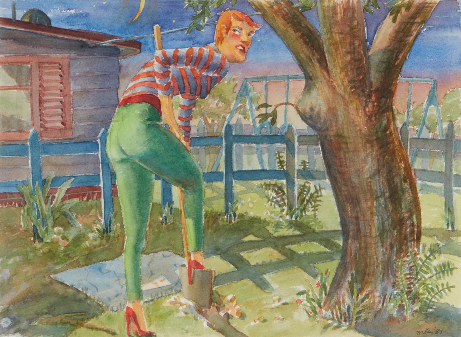 M Louise Stanley (b. 1942, Emeryville, CA): "Artist Burying a Reject in the Dead of Night," 1981 Watercolor on paper under glass Initialed and dated lower right: MLS / '81 10" H x 13.75" W