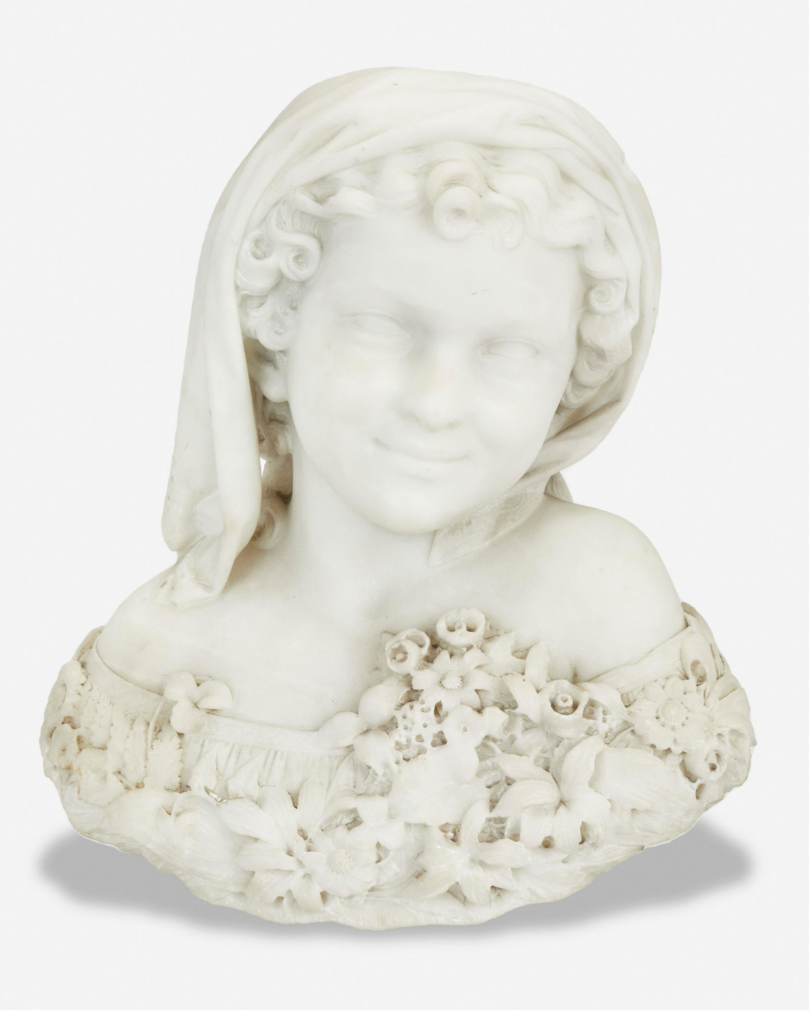 Thomas Ball (1819-1911, American): Bust of a young child with flowers, 1874 White marble Signed and dated: T. Ball / 1874 20" H x 13.75" W x 9" D Provenance: The Alan Schneider Collection
