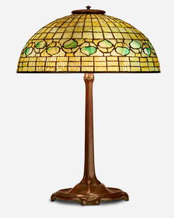 A Tiffany Studios "Acorn" table lamp: Circa 1901-1903; New York, NY Shade signed: Tiffany Studios / New York; Base spuriously signed: Tiffany Studios / New York / 533 The green leaded glass "Acorn" shade on a three-light patinated