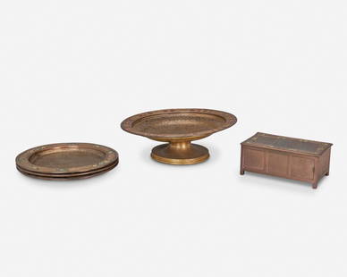 Five Louis C. Tiffany Furnaces gilt-bronze table items: Circa 1919-1928; New York, NY Each signed: Louis C. Tiffany Furnaces, Inc. / [L.C.T. monogram] / Favrile; Further marked: 131 / 325 / 523 Each gilt-bronze with quatrefoil and cartouche motif