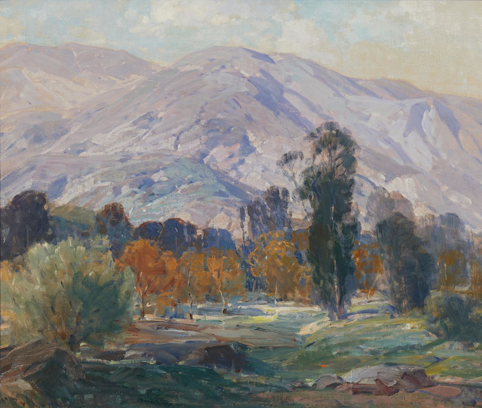 Hanson Duvall Puthuff (1875-1972, Corona Del Mar, CA): "Peaceful Hills" Oil on canvas Signed lower left: H. Puthuff, titled on the frame plaque 20.25" H x 24.25" W Provenance: Property from a Northern California Estate
