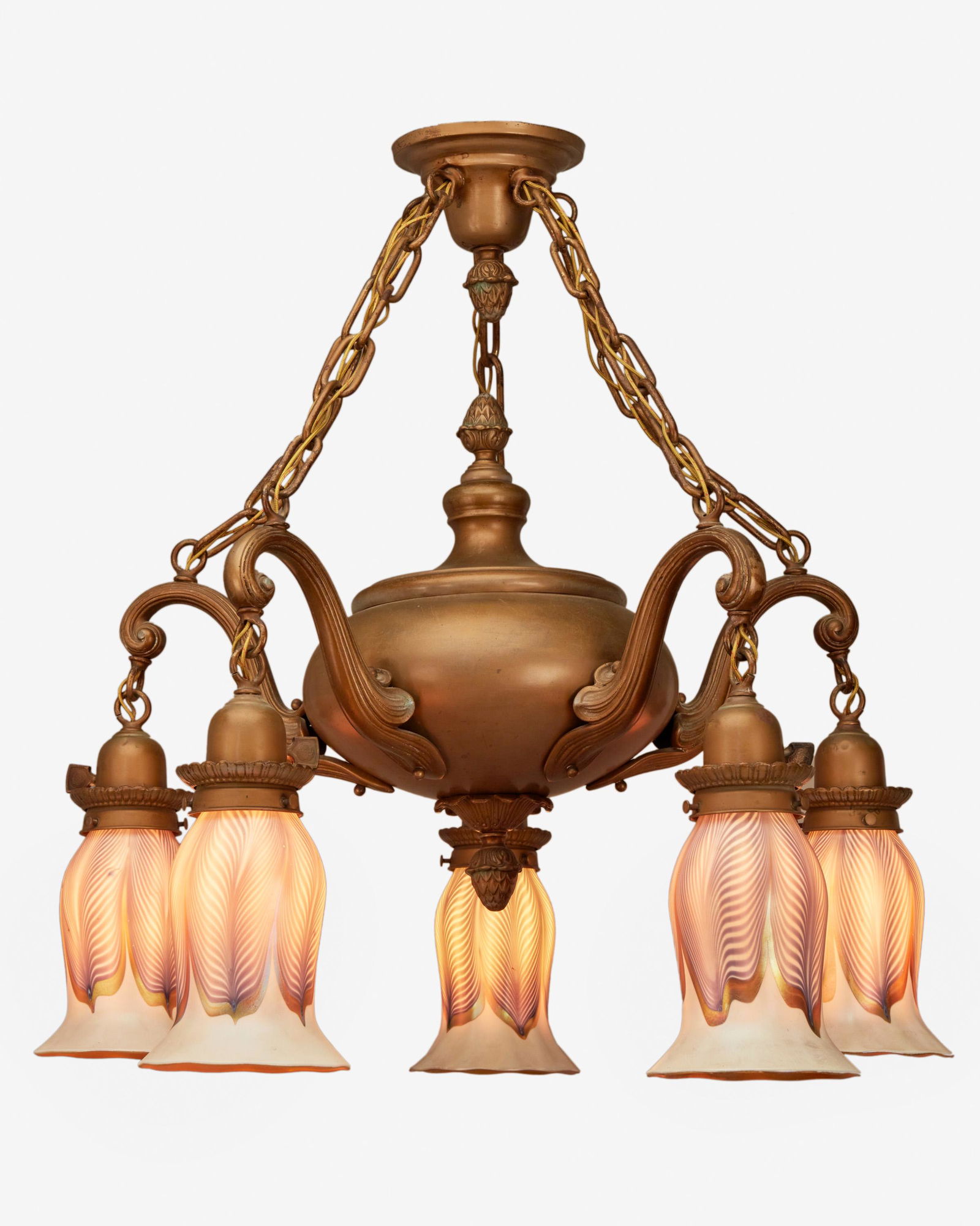A gilt-bronze chandelier with five Quezal art glass (1 of 3)