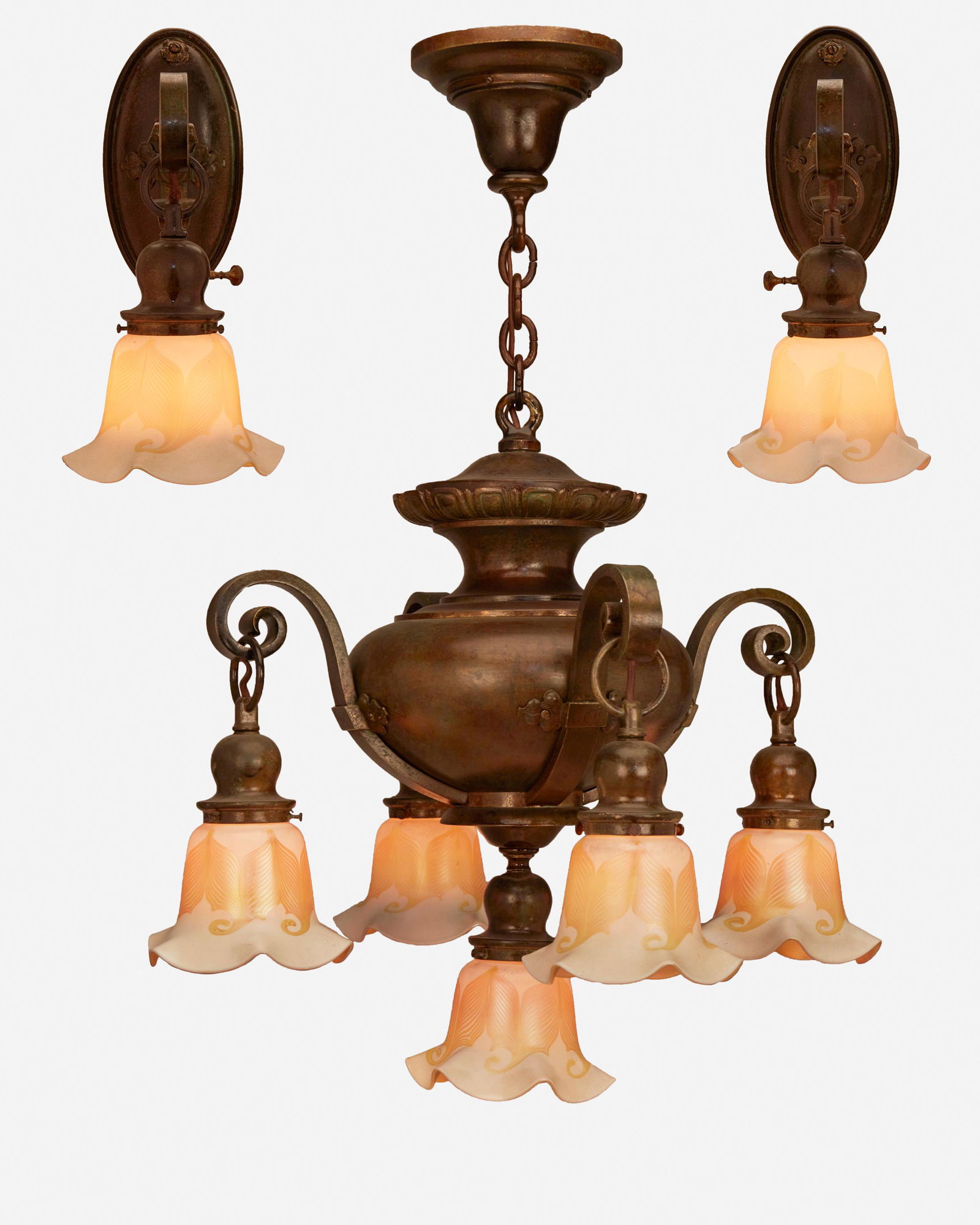 A patinated bronze chandelier with sconces (1 of 6)