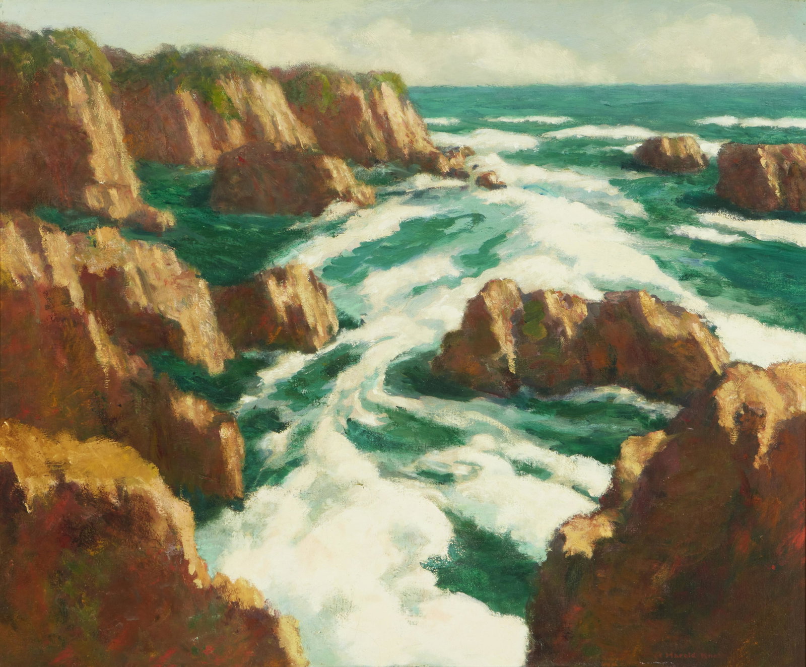 Arthur Harold Knott (1883-1977, Morro Bay, CA): "Sea Foam Symphony," circa 1930s Oil on canvas Signed lower right: A. Harold Knott, signed again, titled and inscribed on the stretcher: "Morro Bay California," dated on a gum label affixed to the fra