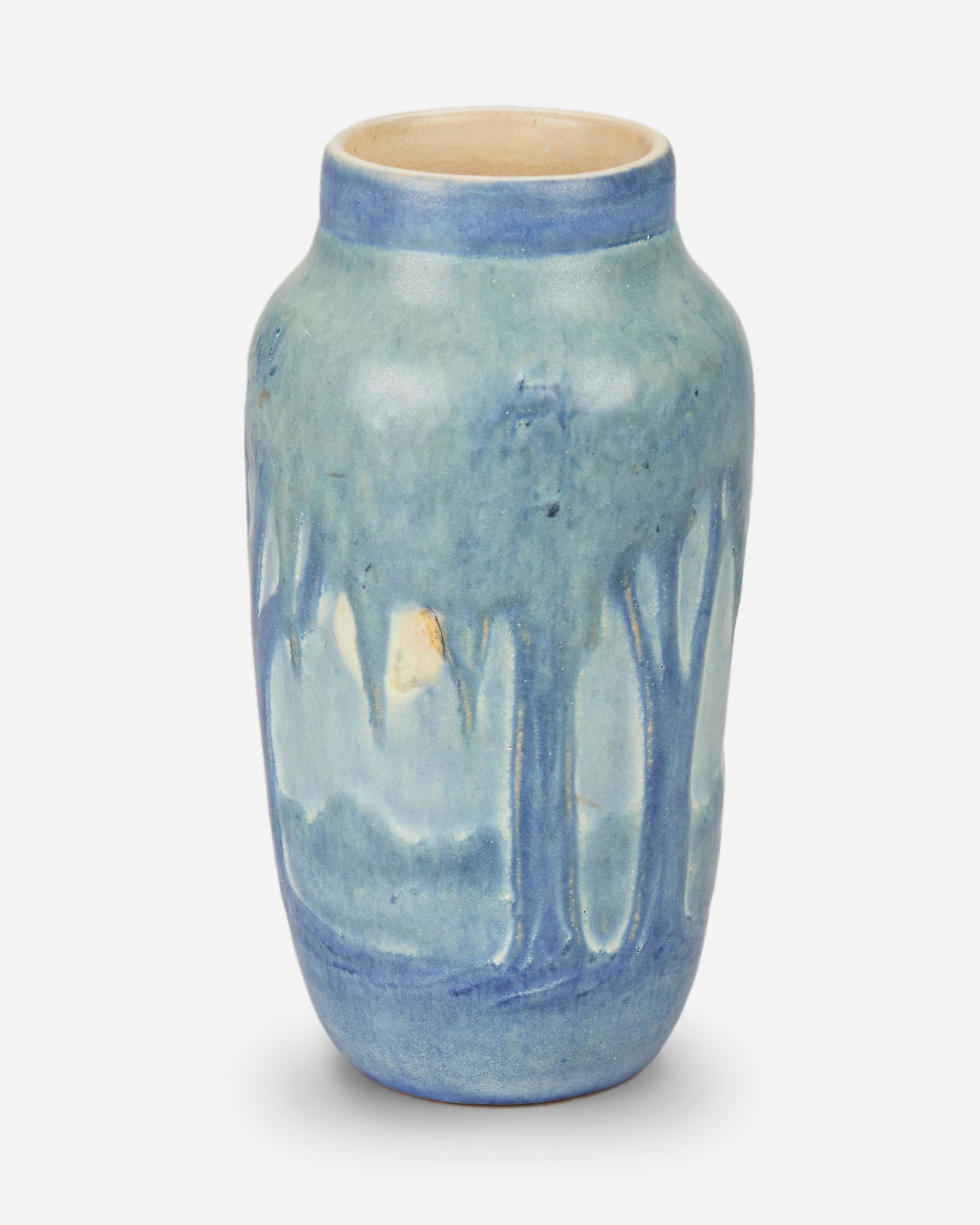 A Newcomb College landscape vase: 1924 Marked for Newcomb College; Signed: Joseph Fortune Meyer [JM] and Anna Frances Simpson [AFS]; Further marked: NV59 / 78 The urn-form vase thrown in buff clay by Joseph Fortune Meyer and designed 