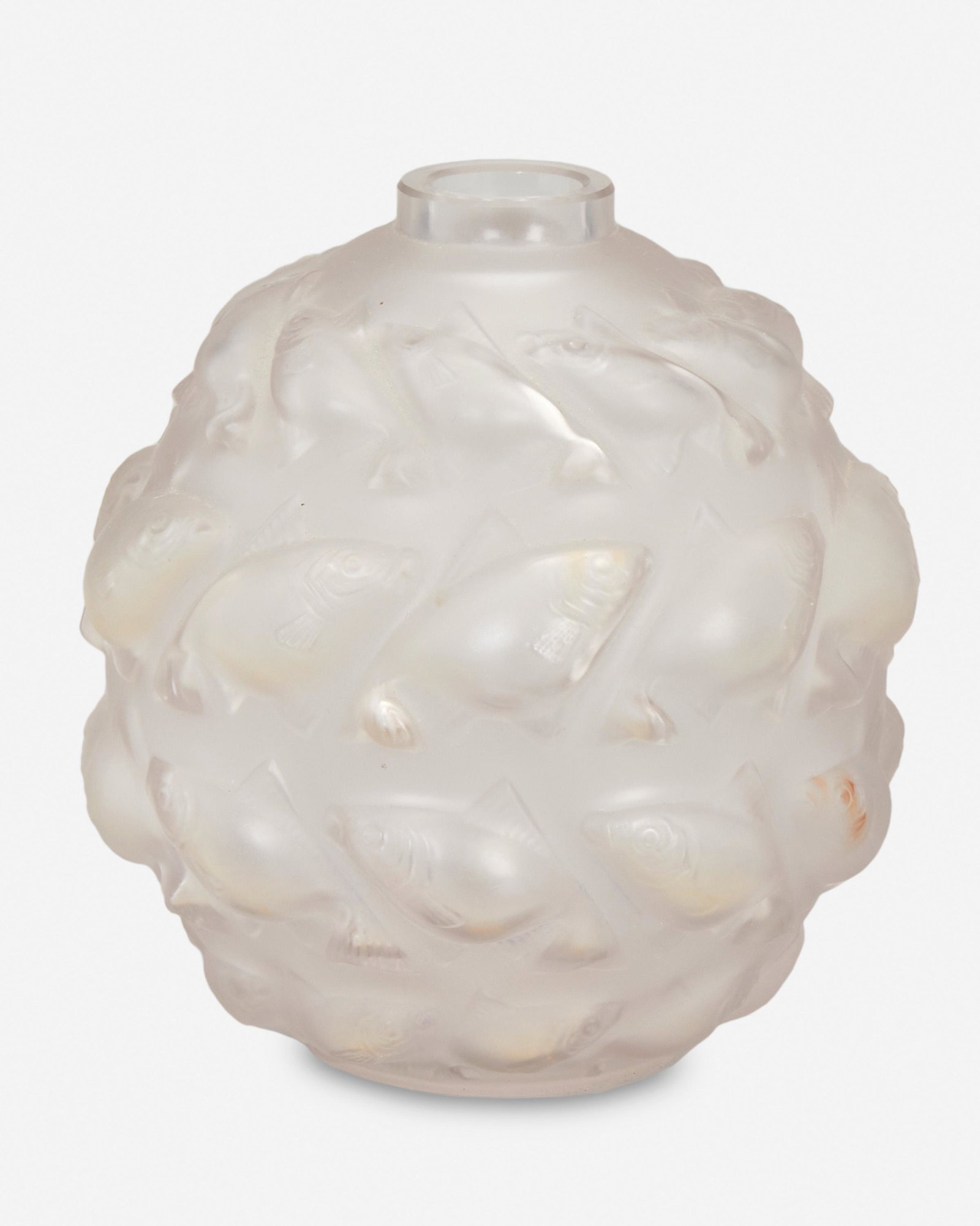 A Rene Lalique "Camaret" vase: Circa 1928 Signed: R. Lalique / France / No. 1010 Designed 1928, the frosted glass camaret vase with four rows of alternating stylized fish on a spherical body 5.5" H x 5.125" Dia. Provenance: The Ala