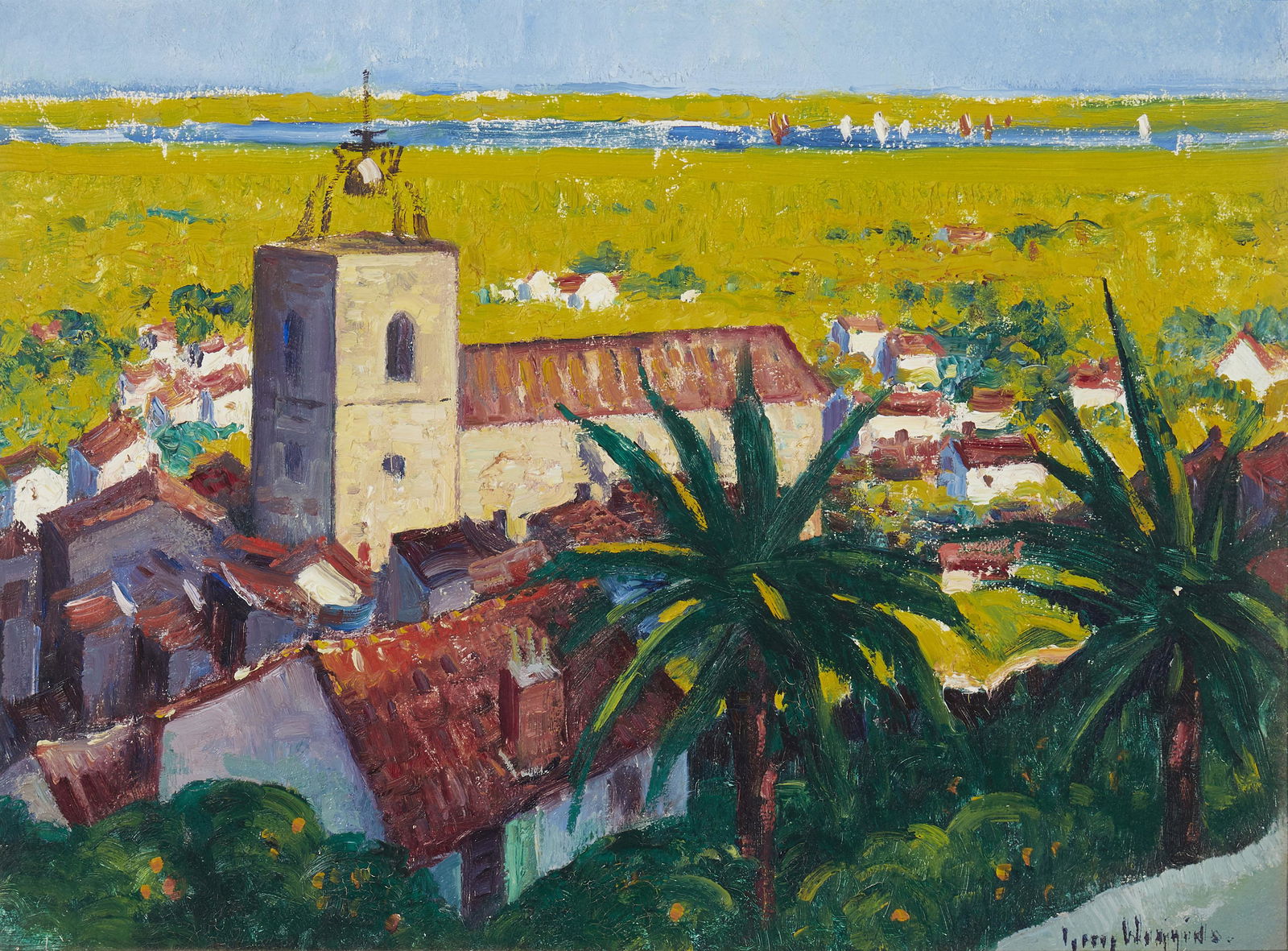 Guy Carleton Wiggins NA (1883-1962, New York, NY): "French Riviera," 1925 Oil on canvas Signed lower right: Guy Wiggins, signed again, dated and titled verso 12.25" H x 16.25" W