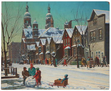 Frank J. Gavencky (1888-1966, Ramona, CA): Winter in Chicago Oil on board Signed lower right: Frank J. Gavencky 38" H x 46" W