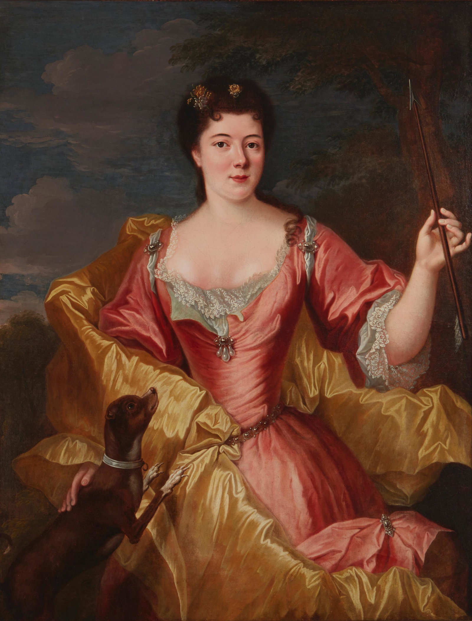 Portrait of a lady with Diana attributes: 19th Century Continental School Oil on canvas laid to canvas Appears unsigned 45.75" H x 35" W Provenance: Private Collection, Rancho Palos Verdes, CA Sale: John Moran Auctioneers, Monrovia, CA, "Deco