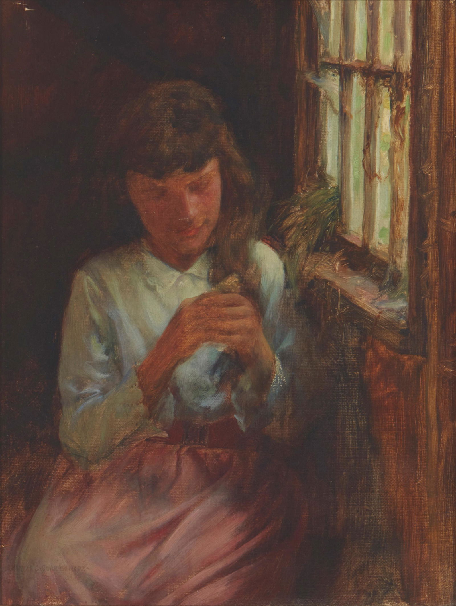 Charles Courtney Curran N.A. (1861-1942, New York, NY): Girl holding bird by window, 1892 Oil on canvas Signed and dated lower left: Charles C. Curran 12.25" H x 9.25" W