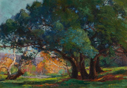 Anna A. Hills (1882-1930, Laguna Beach, CA): "Oaks - Irvine Park" Oil on board Signed lower right: A.A. Hills, signed again, titled, numbered and inscribed verso: A3-118 / "Painted by Anna A. Hills - Laguna Beach - Calif." 10" H x 14" W