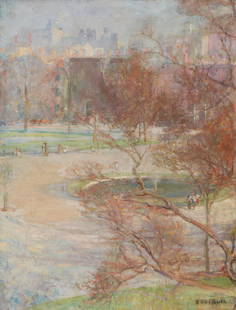 Olive Rush (1873-1966, Santa Fe, NM): "Washington Square Park" Oil on canvas Signed lower right: Olive Rush, titled on a partial exhibition label affixed verso 32" H x 24" W