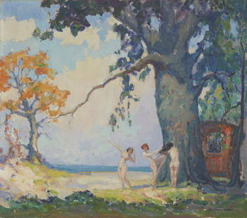 Claude Curry Bohm (1894-1971, Chicago, IL): Nymphs under a tree, 1929 Oil on canvas under glass Signed lower right: C. Curry Bohm, signed again, inscribed and dated verso: "To Billy most loveable of friends I give this painting. May our