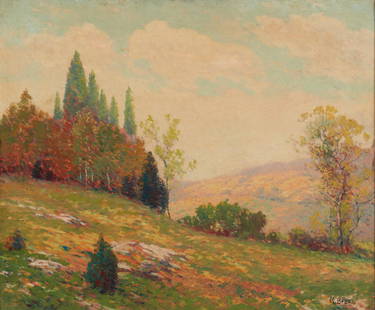 Maurice Braun (1877-1941, San Diego, CA): "Hillside in the Golden Sun," 1918 Oil on canvas Signed lower right: M. Braun, titled on the frame plaque, dated on the stretcher: Nov. 14th, 1918 20" H x 24" W