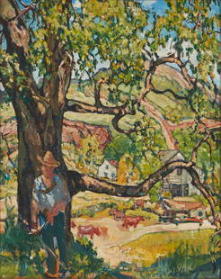 Charles Reiffel (1862-1942, San Diego, CA): "Man, Cow and Tree," 1931 Oil on board Signed lower right: Charles Reiffel, signed again, titled and dated verso 17" H x 14" W