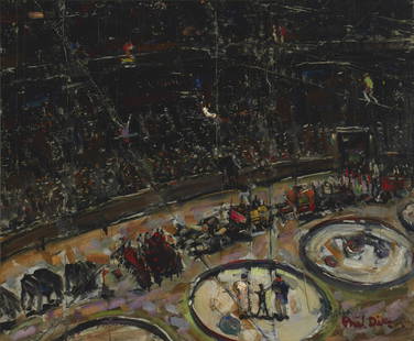 Phil Dike (1906-1990, Claremont, CA): Circus scene, c. 1928 Oil on canvas Signed lower right: Phil Dike 20" H x 24" W Provenance: The artist The Collection of Gene Crain, purchased directly from the above