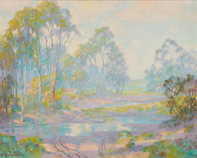 Harry Raymond Henry (1882-1974, Costa Mesa, CA): "Happy Valley" Oil on canvas laid to canvas Signed lower left: H. Raymond Henry, titled in pencil on the stretcher 24" H x 30" W