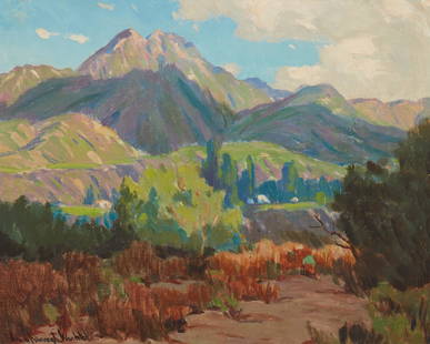 Marion Kavanagh Wachtel (1870-1954, Pasadena, CA): "Spring Shadows" Oil on canvas laid to board Signed lower left: Marion Kavanagh Wachtel, titled on a card affixed to the backing board 16" H x 20" W