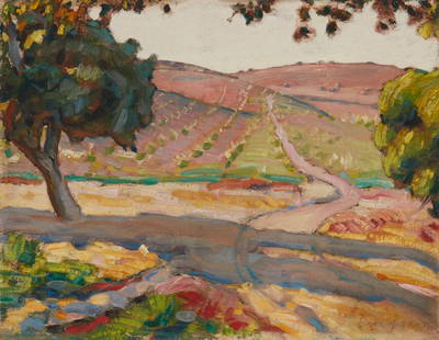 Clark Hobart (1868-1948, Napa, CA): Napa vineyard Oil on board Signed lower right: Clark Hobart 13.75" H x 17.75" W