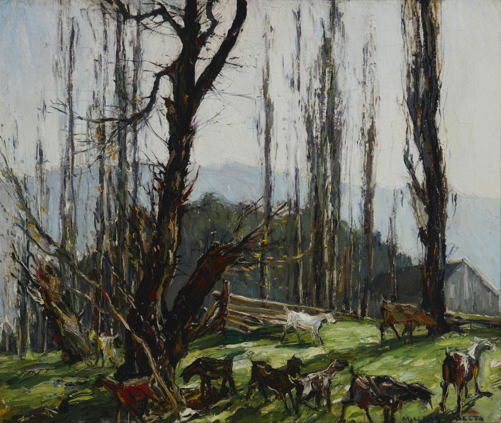 Millard Owen Sheets (1907-1989, Gualala, CA): "Green Pastures," 1924 Oil on canvas Signed lower right: Millard Sheets, titled and dated on a gallery label affixed to the backing board 20.25" H x 24.25" W Provenance: Dalzell Hatfield Gallerie