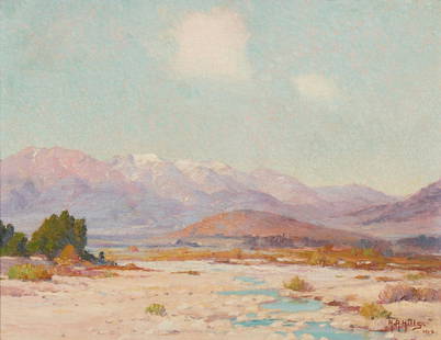 Anna A. Hills (1882-1930, Laguna Beach, CA): "The Winding River," 1923 Oil on canvas laid to board Signed and dated lower right: AA Hills, signed and dated again, titled and inscribed verso: "Cajon Pass - from near Redlands - Santa Ana