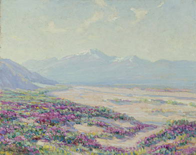 Benjamin Chambers Brown (1865-1942, Pasadena, CA): "Wild Verbenas Palm Springs Calif" Oil on canvas Signed lower left: Benjamin C. Brown, titled on the stretcher 16" H x 20" W