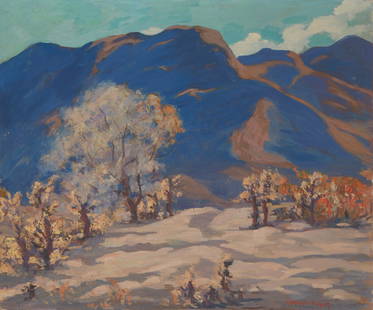 Mary DeNeale Morgan (1868-1948, Carmel, CA): "Near Palm Canyon" Oil on canvas Signed lower right: M. DeNeale Morgan, signed again and titled on the stretcher 25" H x 30" W Provenance: Private Collection, Oakland, CA Sale: Bonhams