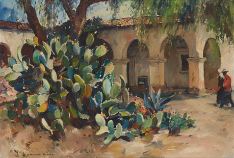 Millard Owen Sheets (1907-1989, Gualala, CA): "Cactus of San Juan Capistrano" Oil on canvas Signed lower left: Millard Sheets, signed again and titled on the stretcher 24" H x 36" W