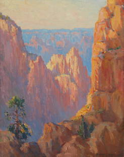 Benjamin Chambers Brown (1865-1942, Pasadena, CA): "A Side Canyon - Grand Canyon," circa 1920 Oil on canvas Signed lower right: Benjamin C. Brown, titled and dated on a gallery label affixed to the backing board 20" H x 16" W Provenance: