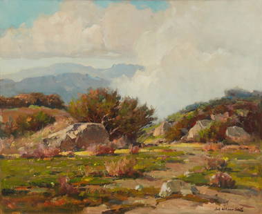 Jack Wilkinson Smith (1873-1949, Alhambra, CA): "Cajon Pass Desert" Oil on canvas Signed lower right: Jack Wilkinson Smith, signed again and titled verso 25" H x 30.25" W Provenance: Private Collection, Bishop, CA Sale: John Moran