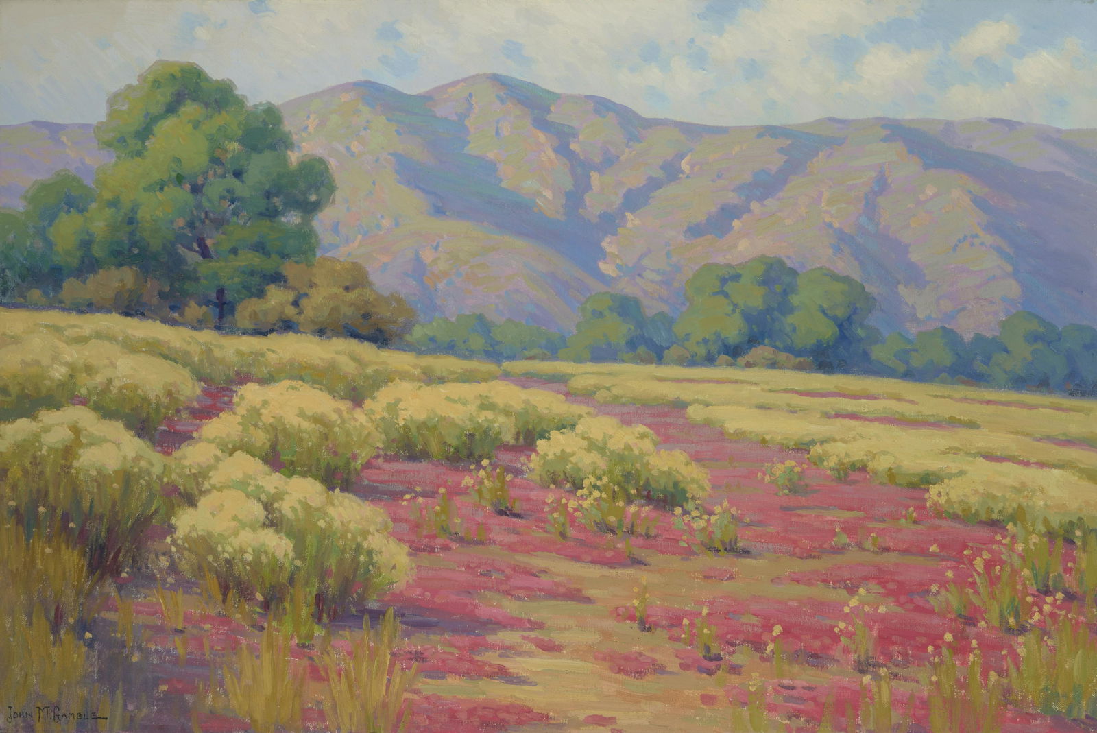 John Marshall Gamble (1863-1957, Santa Barbara, CA): "Summer Wild Flowers, Ojai Valley (Wild Buckwheat & Turkish Rugging)" Oil on canvas Signed lower left: John M. Gamble, signed again, titled and inscribed verso: Santa Barbara Cal 24" H x 36" W Ex