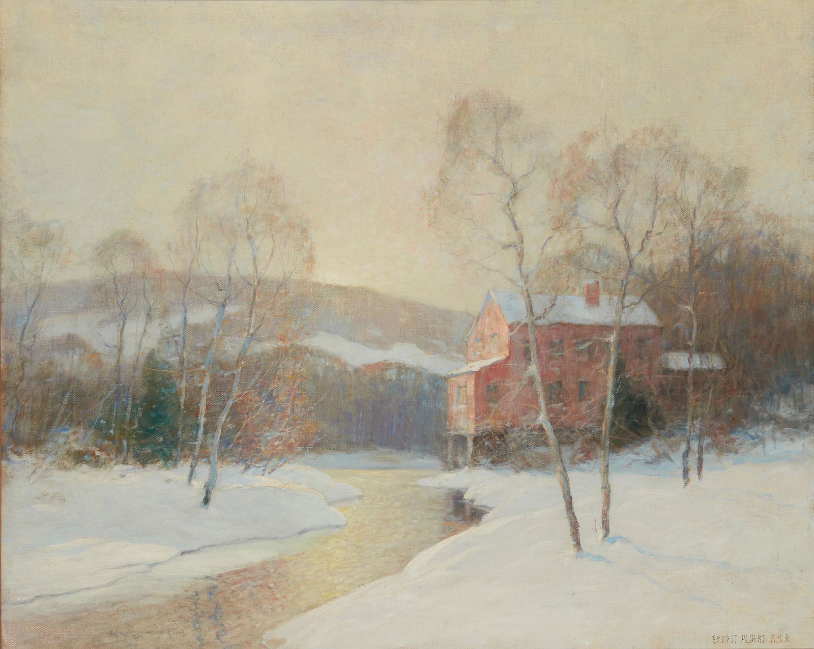 Ernest Albert ANA (1857-1946, New York, NY): "The Red Mill" Oil on canvas Signed lower right: Ernest Albert A.N.A., signed again and titled on a gum label affixed to the stretcher 25" H x 30" W Provenance: Grand Central Art Galleries, Inc.,