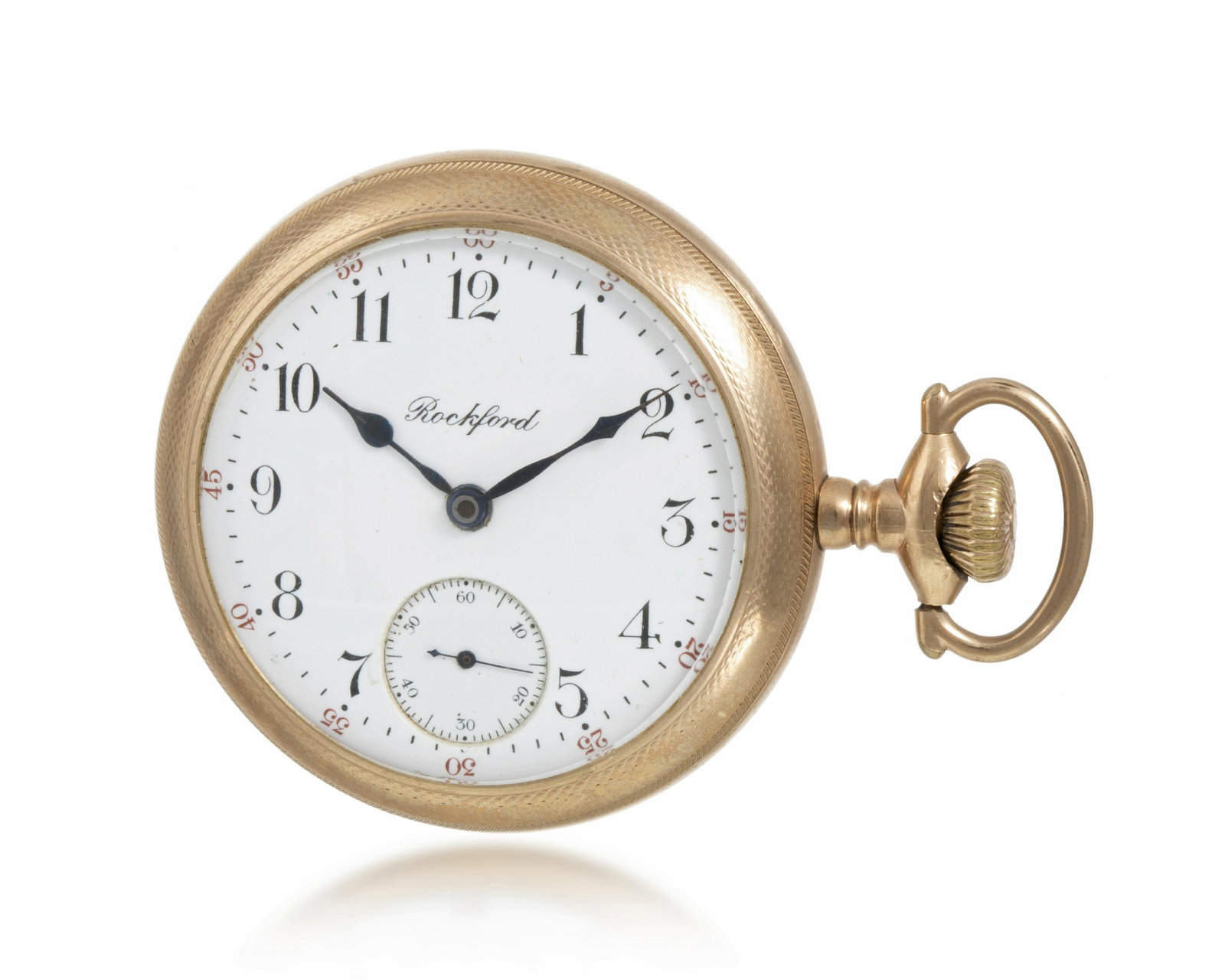 A Rockford gold-filled pocket watch: Circa 1906 Dial: white porcelain dial with black Arabic hour markers, minute track, red Arabic every 5 minutes, sub-seconds, signed: Rockford Movement: 17 jeweled stem wind and lever set movement, ful