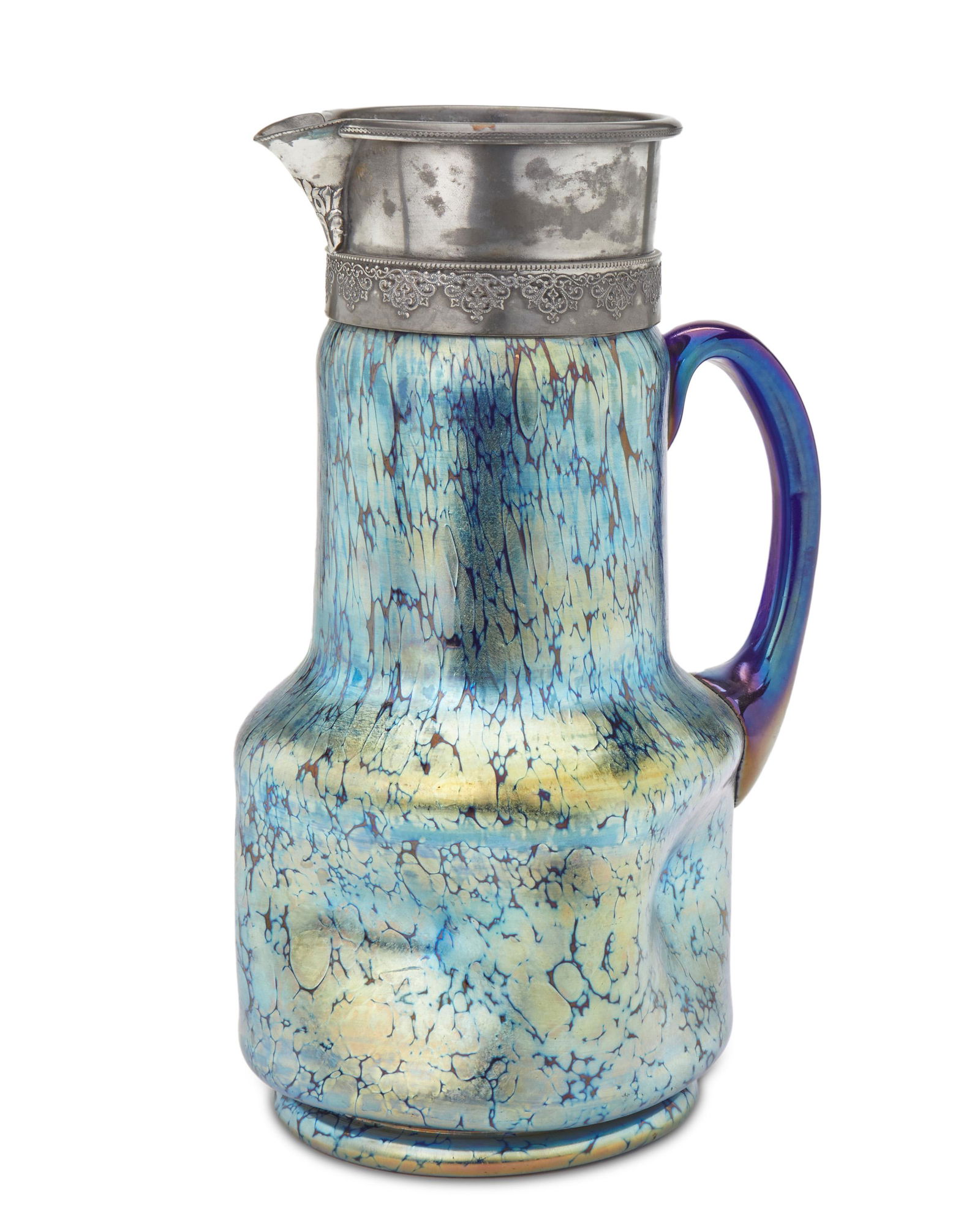 A Loetz-style silver plate-mounted art glass ewer (1 of 2)