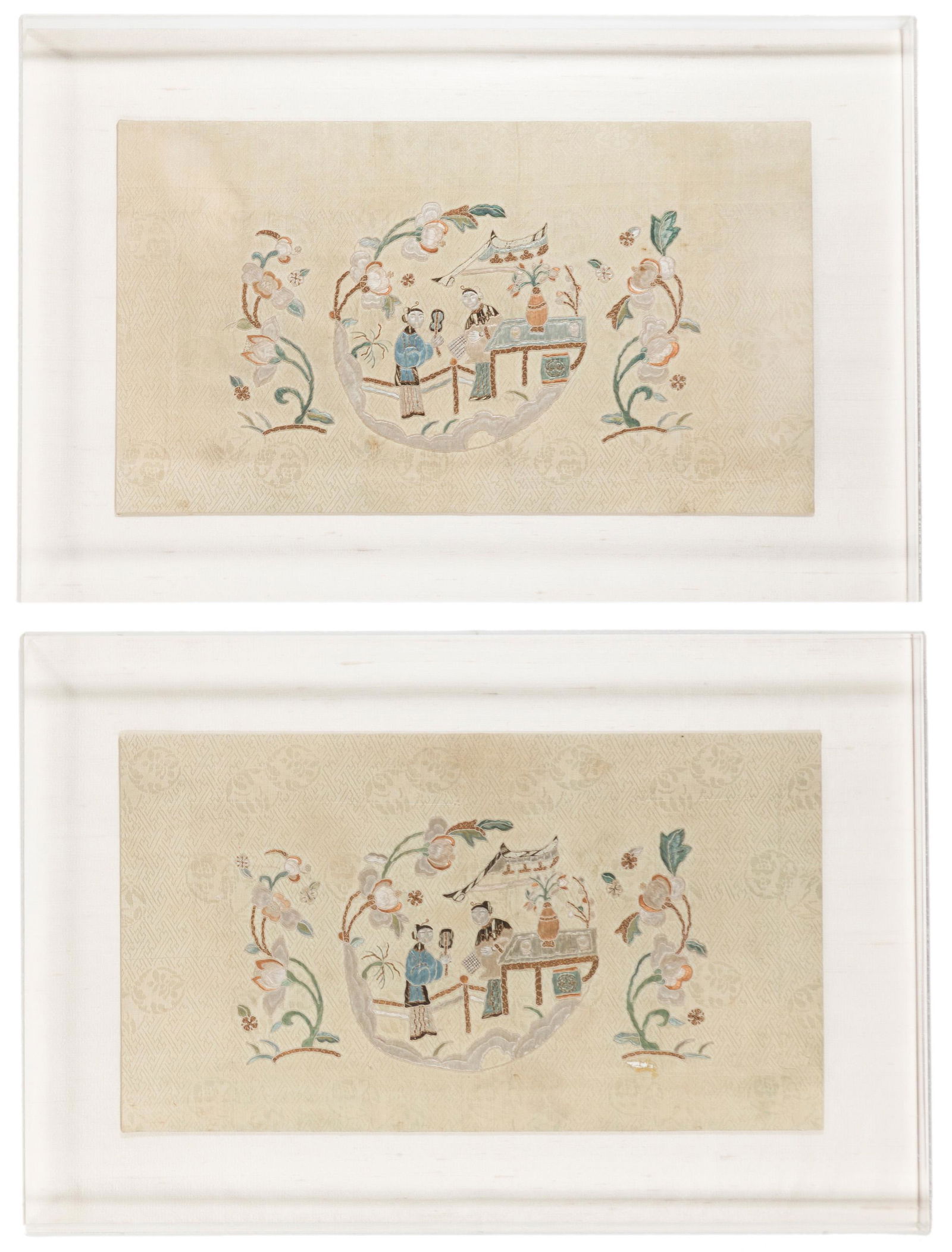 A pair of Chinese Forbidden Stitch silk panels (1 of 2)
