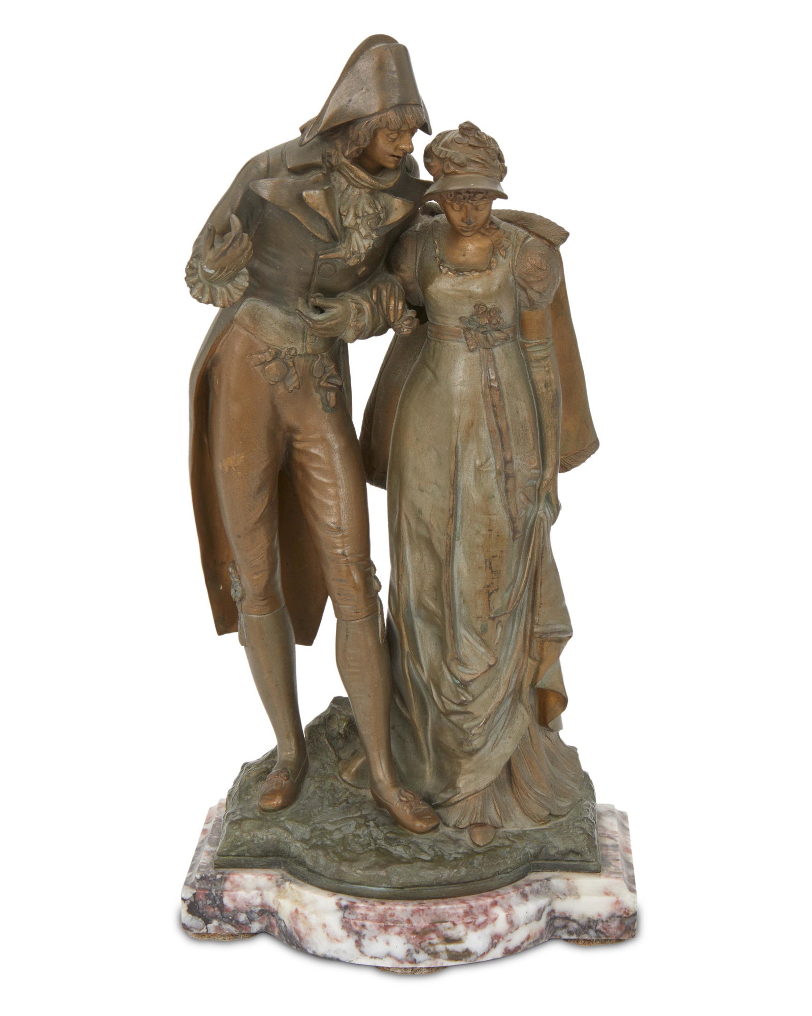 Auguste Louis Lalouette (1826-1883, French): A French Empire-style courting couple Patinated bronze on marble base Signed: Lalouette 12.125" H x 6" W x 4" D; Overall: 13.25" H x 6.5" W x 4.625" D