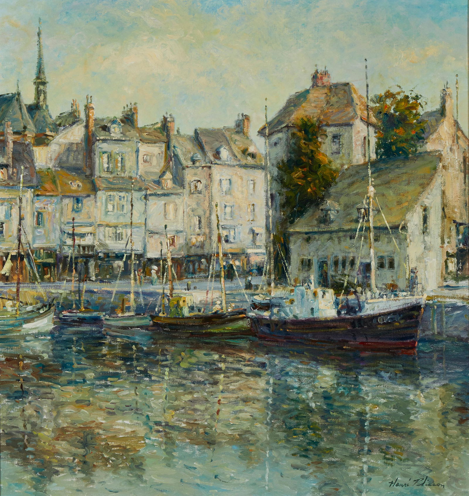 Patrick Ryan (1934-2006, American): Harbor scene Oil on canvas Signed lower right: Henri Plisson 27.75" H x 26" W Notes: Patrick Ryan, impressionist painter, was also known by the pseudonym of "Henri Plisson". He adopted a second n