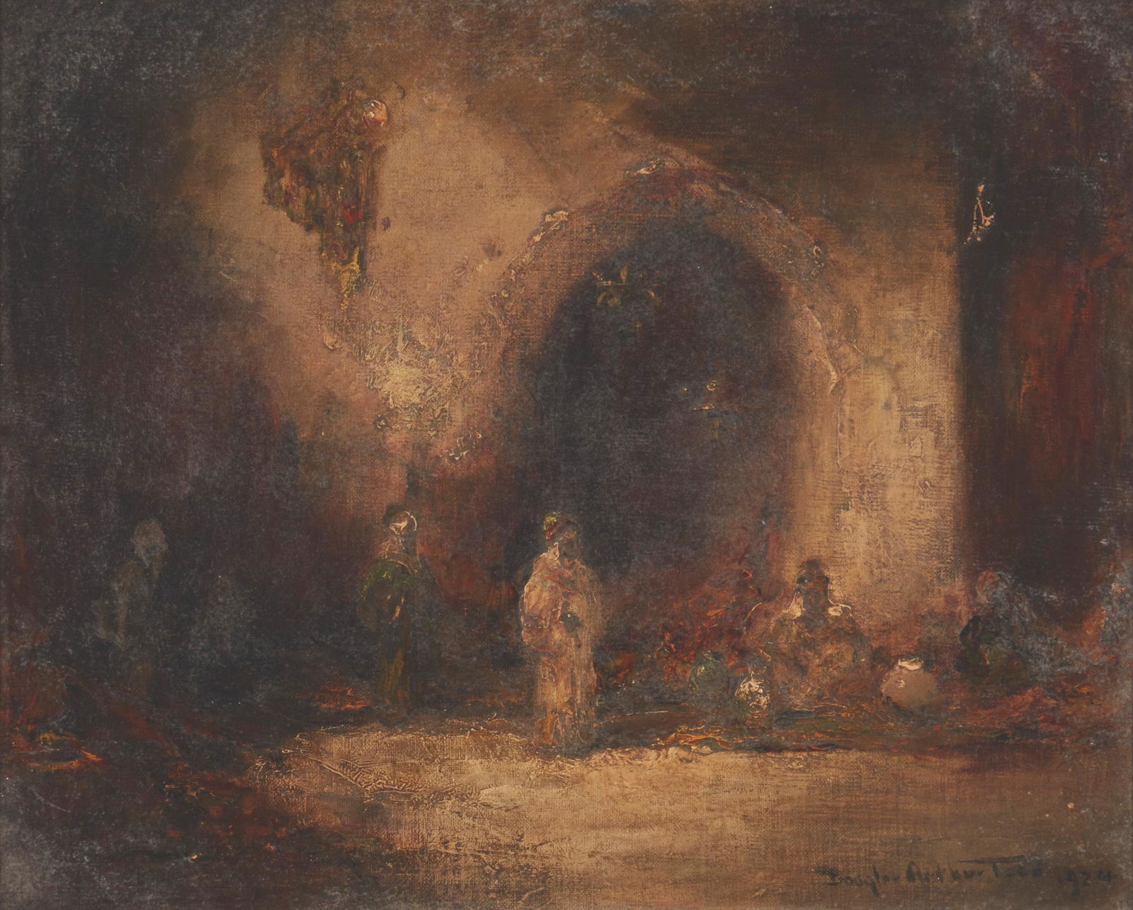 Douglas Arthur Teed (1864-1929, Detroit, MI): "Moorish Courtyard," 1924 Oil on canvas Signed and dated lower right: Douglas Arthur Teed, signed again and titled verso 17.25" H x 21" W