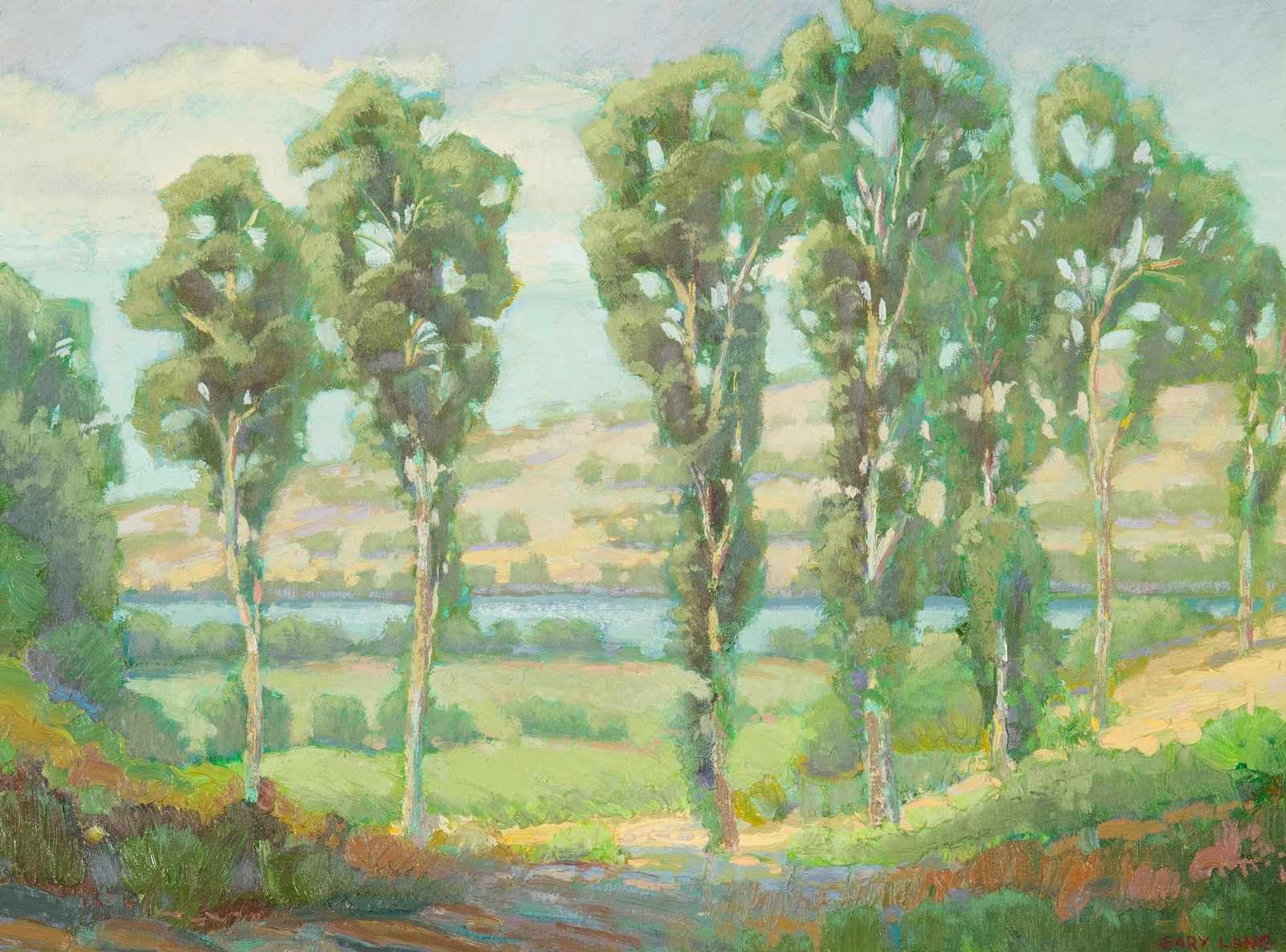 Gary Lang (b.1960, Carlsbad, CA): "Shades of Noon - Carlsbad Lagoon," 1998 Oil on canvas board Signed lower right: Gary Lang, signed again, dated, titled and numbered verso: 246 18" H x 24" W Provenance: Sale: Bonhams California,