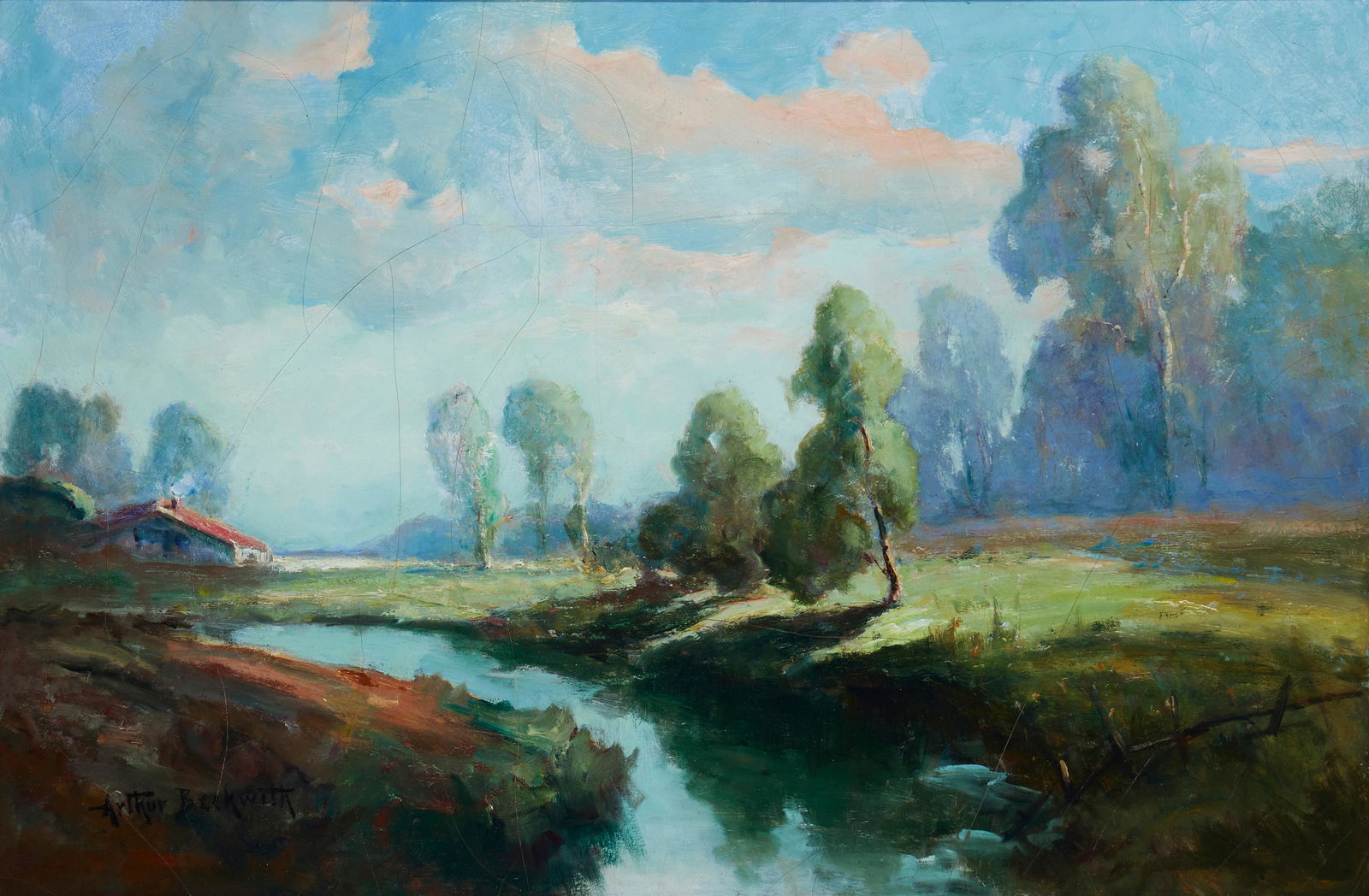 Arthur Beckwith (1860-1930, San Francisco, CA): Cottage by a stream Oil on board Signed lower left: Arthur Beckwith 20.25" H x 30" W