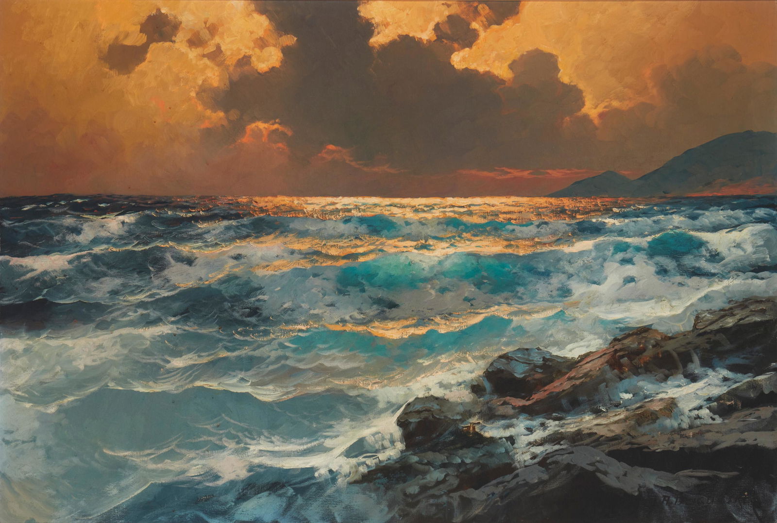 Alexander Dzigurski (1911-1995, Los Angeles, CA): Waves crashing on a rocky coastline at sunset Oil on canvas Signed lower right: A. Dzigurski 24" H x 36" W Provenance: Camilla Lucas, New York, NY
