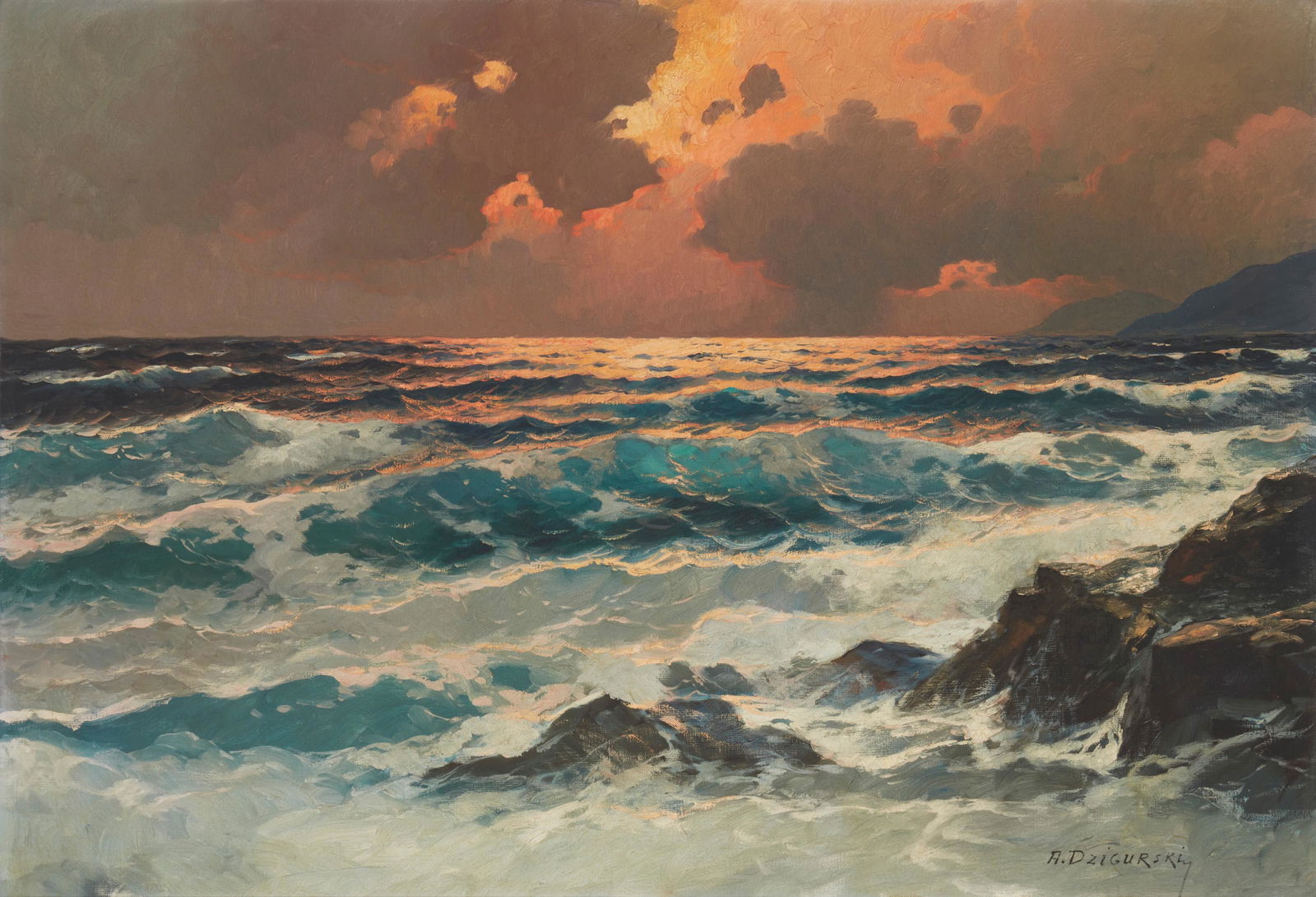 Alexander Dzigurski (1911-1995, Los Angeles, CA): Seascape at sunset Oil on canvas Signed lower right: A. Dzigurski 24" H x 36" W Provenance: Camilla Lucas, New York, NY
