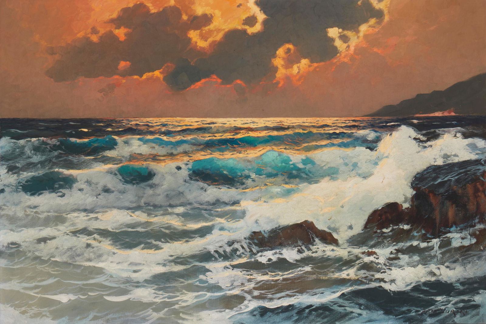 Alexander Dzigurski (1911-1995, Los Angeles, CA): Seascape at sunset Oil on canvas Signed lower right: A. Dzigurski 24" H x 36" W Provenance: Camilla Lucas, New York, NY