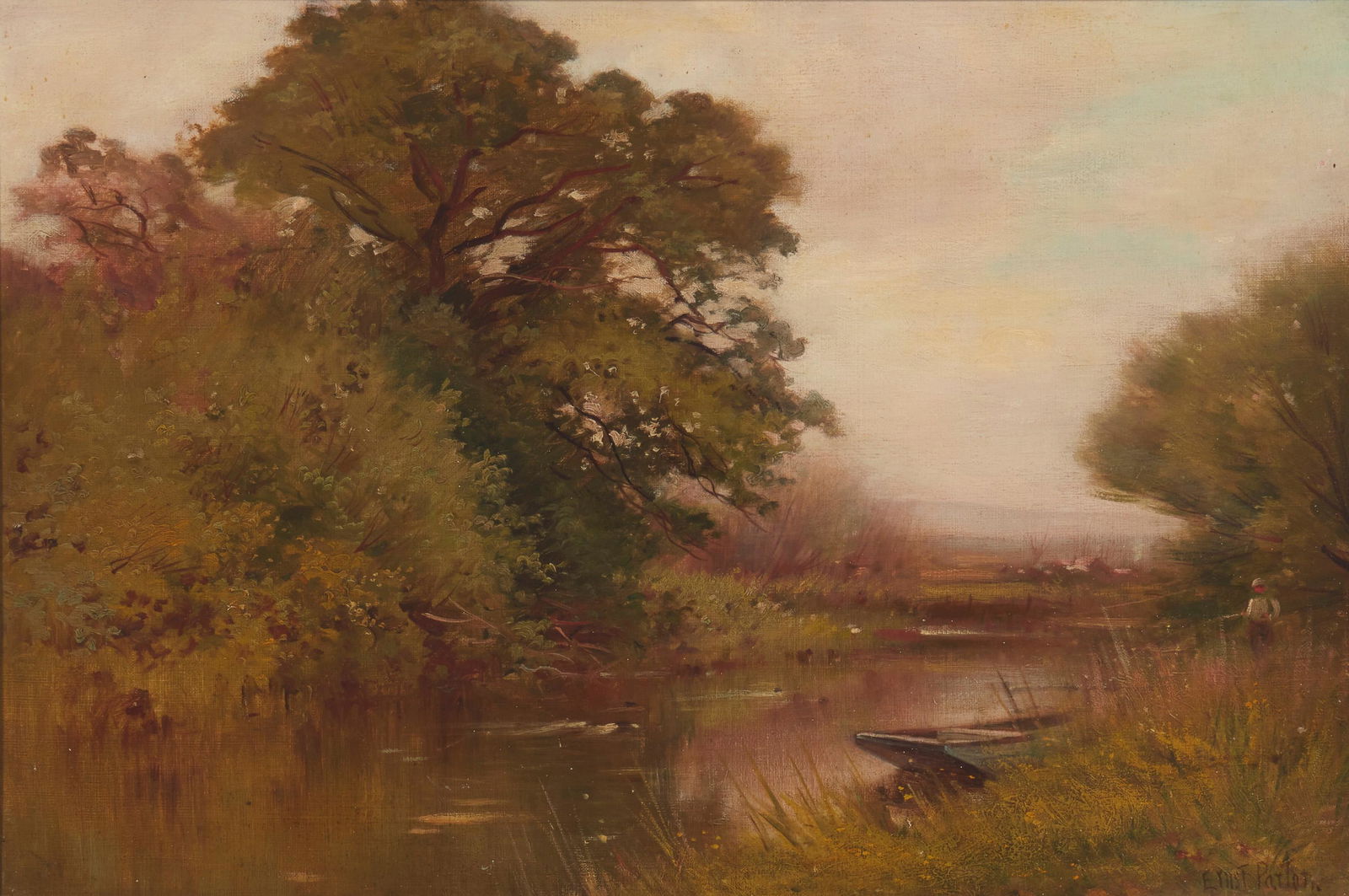 Ernest Parton (1845-1933, New York, NY): "Near Wilford Surrey" Oil on canvas Signed lower right: Ernest Parton, titled on a gallery label affixed to the stretcher 16.25" H x 24" W Provenance: The Fine Art Galleries, The T. Eaton Co., To