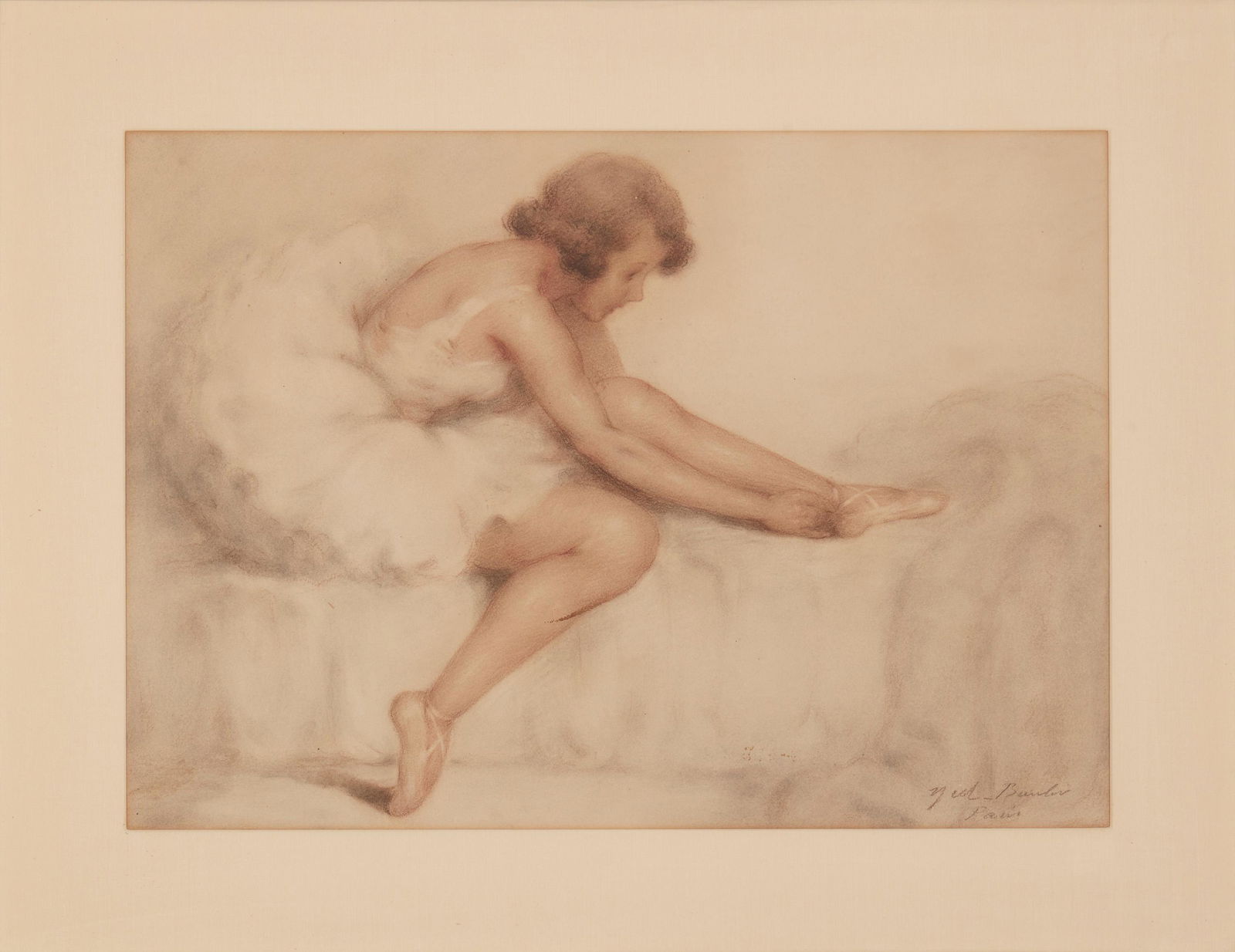 Lucien Boulier (1882-1963, French): Ballerina Pastel on paper under glass Signed and inscribed lower right: Lucien Boulier / Paris Sight: 15.25" H x 21" W Provenance: From the Collection of the Dharam Damama's