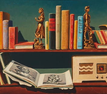 Attributed to Frank J. Gavencky (1888-1966, Ramona, CA): "First Algebra," circa 1940's Oil on masonite Appears unsigned, dated and alternately titled "Bookshelf" on a gallery label affixed verso 30" H x 34" W Provenance: Michael Johnson Fine