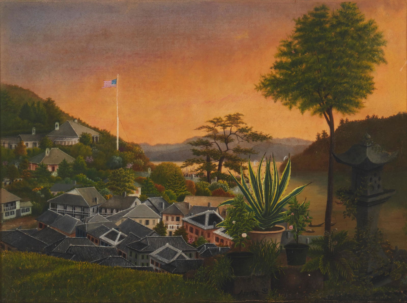 American flag flying over a Japanese village (1 of 4)