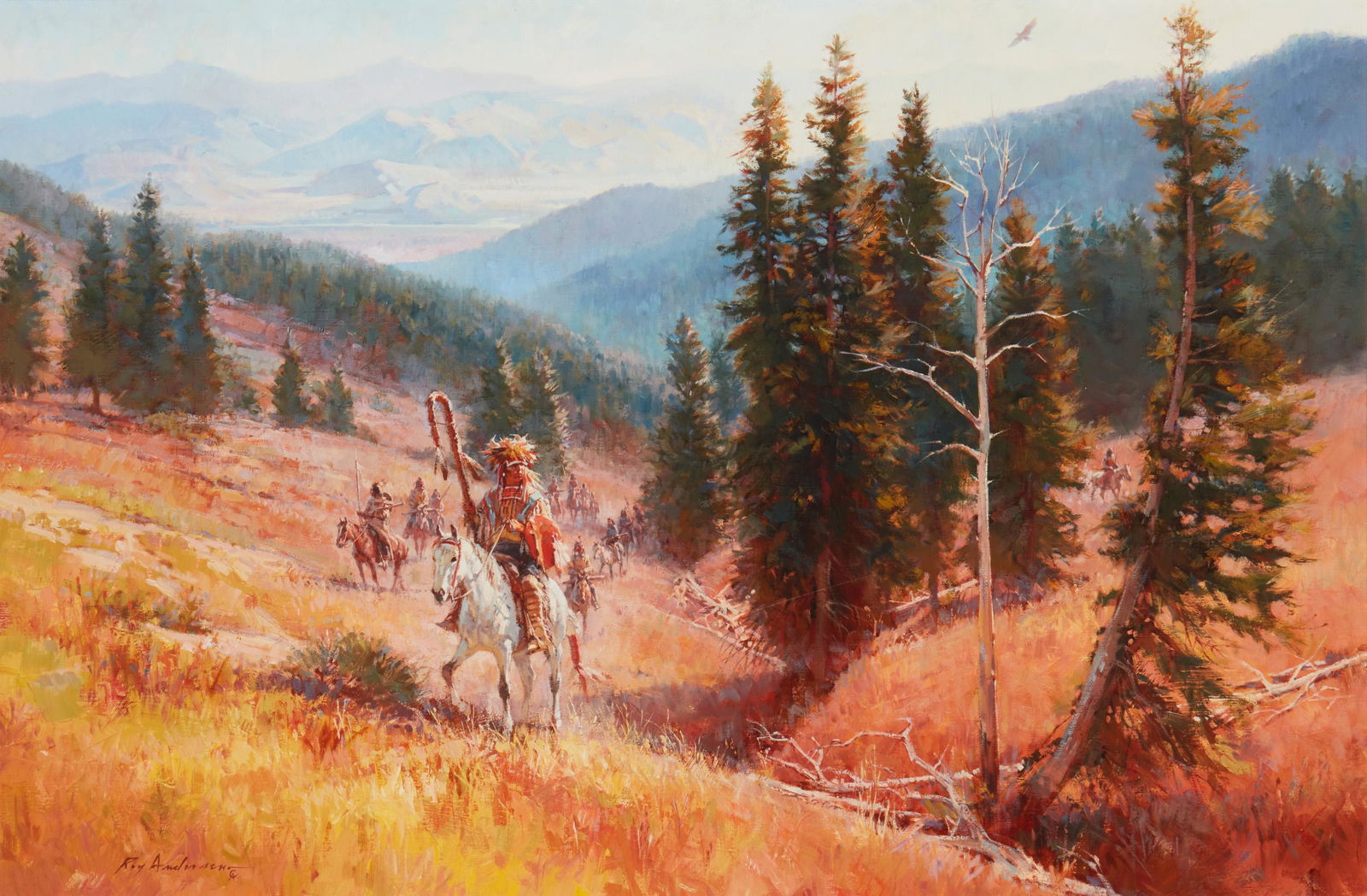 Roy H. Andersen (1930-2019, Kerrville, TX): "Land of the Eagle," 1990 Oil on canvas Signed lower left: Roy Andersen, and with the conjoined CA for the Cowboy Artists of America, titled and dated on a gallery label affixed to the backing paper