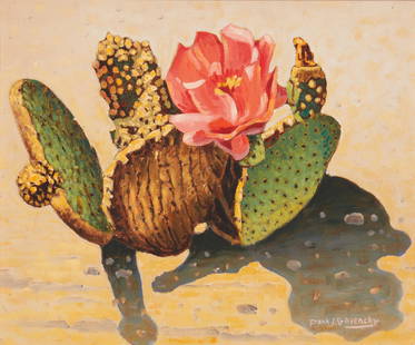 Frank J. Gavencky (1888-1966, Ramona, CA): "Small blooming prickly pear"  Oil on masonite  Signed lower right: Frank J. Gavencky, titled verso  16" H x 20" W